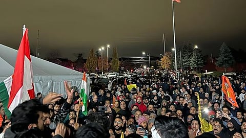 Members of Hindu Sikh Global Forum protest against the attack on a Hindu temple in Canada, near Canadian Embassy, in New Delhi, Sunday, Nov. 10, 2024.