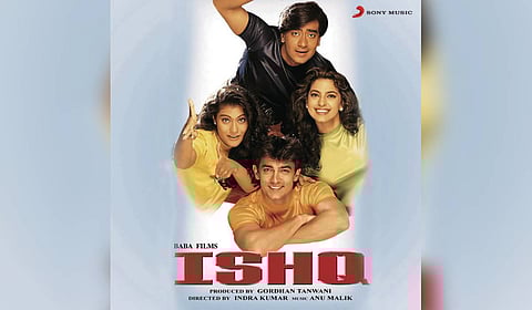Poster of the 1997 rom-com 'Ishq' starring Ajay Devgn and Aamir Khan along with Kajol and Juhi Chawla.