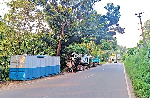 Heavy equipment placed along the Thiruvananthapuram-Thenmala (SH-2) road as construction work of the Karakulam flyover begins on Monday