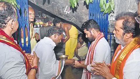 Chief Minister A Revanth Reddy at Lord Kurumurthy temple in Ammapur village 
of Mahbubnagar district on Sunday