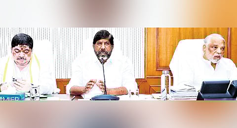 Deputy Chief Minister Mallu Bhatti Vikramarka speaks during a Cabinet sub-committee meeting at the Secretariat on Saturday