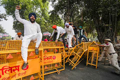Members of Hindu Sikh Global Forum protest against the attack on a Hindu temple in Canada, near Canadian Embassy, in New Delhi, Sunday, Nov. 10, 2024.