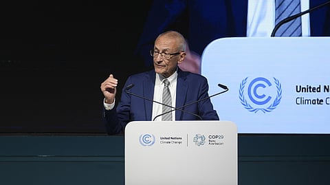 John Podesta, US climate envoy, speaks during a news conference at the COP29 UN Climate Summit, Monday, Nov. 11, 2024, in Baku, Azerbaijan.