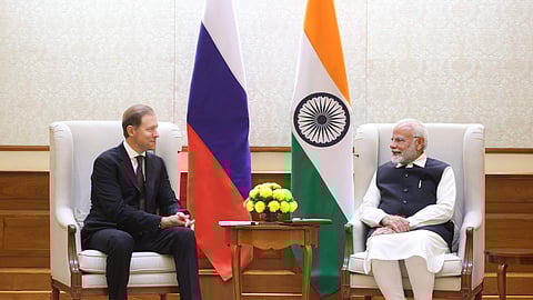PM Narendra Modi with Russia's First Deputy Prime Minister Denis Manturov in Delhi on Monday.