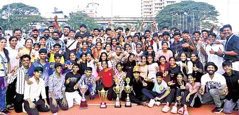 The Thiruvananthapuram district school team that won the overall championship at the State School Sports Meet at the Maharaja’s College Stadium in Kochi on Monday 