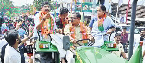 The tractor rally organised by  BJP’s Karshaka Morcha in Palakkad on Monday. NDA candidate C Krishnakumar, actor Krishna Prasad and Sobha Surendran are also seen