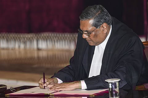 Justice Sanjiv Khanna after he was sworn-in as the 51st Chief Justice of India during a ceremony at the Rashtrapati Bhavan, in New Delhi, Monday, Nov. 11, 2024