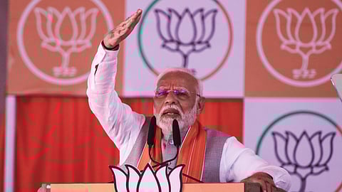 Prime Minister Narendra Modi addresses a public meeting ahead of Maharashtra Assembly elections, at Chimur in Chandrapur district,