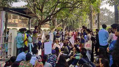 Student and faculty organisations protesting outside Ambedkar University on Monday