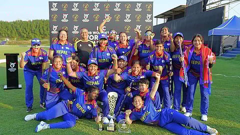 Victorious Team Nepal with Women's U19 T20 World Cup Asia Qualifiers Trophy.
