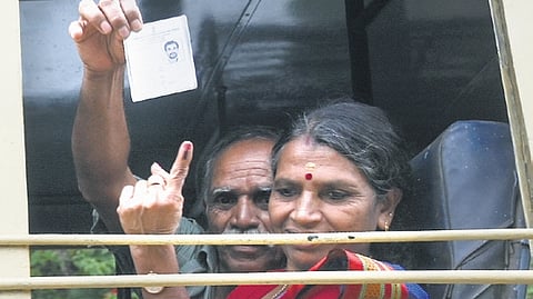 Landslide victims returning in a KSRTC ‘election’ bus, after casting votes in the Wayanad bypoll on Wednesday