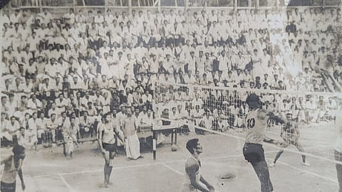 Players during a volleyball match at Vazhakulam in the early 1970s