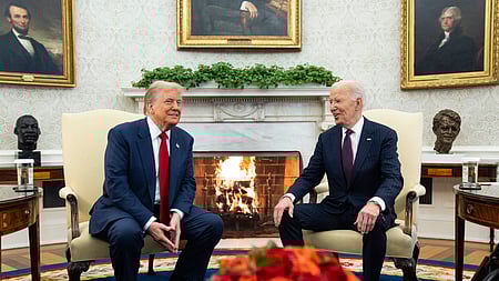 In this photo from Nov. 13, 2024, US President Joe Biden meets with President-elect Donald Trump in the Oval Office of the White House, in Washington.