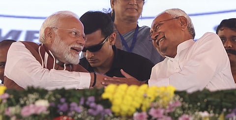 **EDS: IMAGE VIA PMO** Darbhanga: Prime Minister Narendra Modi with Bihar Chief Minister Nitish Kumar during the inauguration of multiple developme