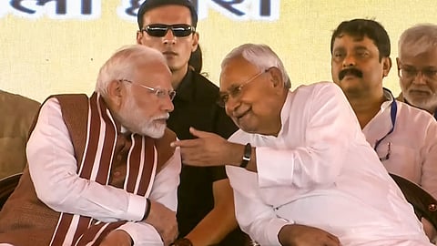 Prime Minister Narendra Modi with Bihar Chief Minister Nitish Kumar during foundation stone laying and inauguration of development works, in Darbhanga.
