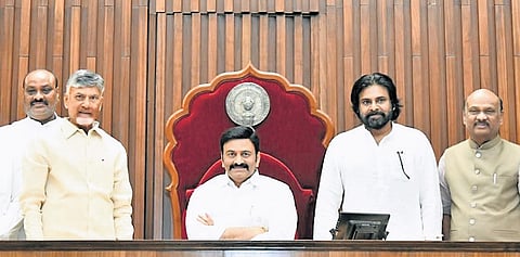 Chief Minister Chandrababu Naidu and Deputy CM Pawan Kalyan with newly-elected Deputy Speaker Raghu Ramakrishna Raju in the Legislative Assembly 