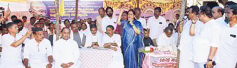 Union minister Shobha Karandlaje speaking at the Munambam protest venue in Kochi on Tuesday 