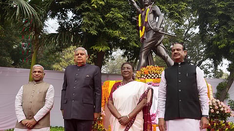 President Droupadi Murmu, Vice President Jagdeep Dhankhar, Lok Sabha Speaker Speaker Om Birla and Rajya Sabha Deputy Chairman Harivansh Narayan Singh during a ceremony to pay tribute to freedom fighter Birsa Munda on his birth anniversary.