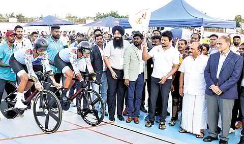 Deputy Chief Minister Udhayanidhi Stalin flagging off the 76th National Track Cycling Championship at Melakottaiyur in Chengalpattu district on Friday
