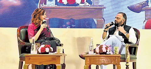 TNIE Consulting Editor Ravi Shankar with author Aishwarya Jha.