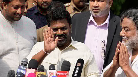 Sri Lankan President Anura Kumara Dissanayake leaves after casting his vote during the parliamentary election in Colombo