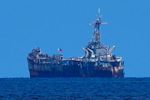 A dilapidated but still active Philippine Navy ship BRP Sierra Madre sits at the Second Thomas Shoal, locally known as Ayungin Shoal, at the disputed South China Sea on Aug. 22, 2023. 