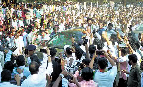 Chief Minister A Revanth Reddy takes part in a roadshow while campaigning for the MVA candidates, in Rajura constituency of Maharashtra, on Saturday 