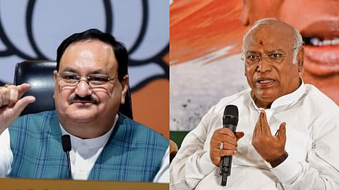 (L) Bharatiya Janata Party (BJP) president J P Nadda and Congress chief Mallikarjun Kharge