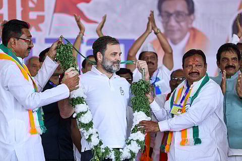  LoP in Lok Sabha and Congress leader Rahul Gandhi being felicitated during a public meeting ahead of Maharashtra Assembly elections, at Dhamangaon in Amravati district, Saturday, Nov. 16, 2024.