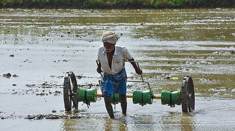Farmer ploughing flooded fields.
