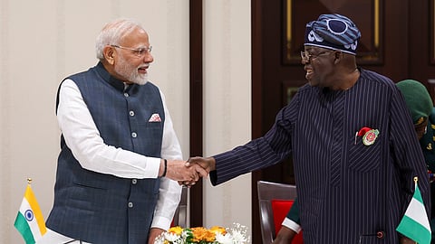 Prime Minister Narendra Modi and President of Nigeria Bola Ahmed Tinubu during a meeting, in Abuja, Nigeria, Sunday, Nov. 17, 2024. 