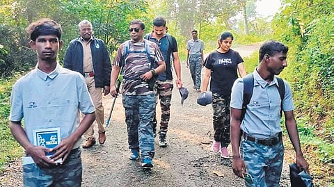 Tribal youth working as guides for tourists during a trek in Manombolly forest range near Valparai 