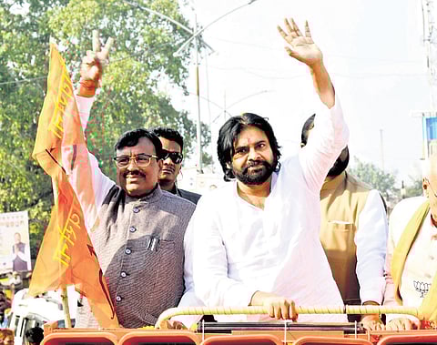 AP Deputy Chief Minister Pawan Kalyan participates in an election rally in Deglur Assembly constituency of Maharashtra 