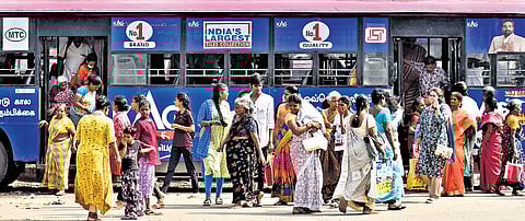 MTC buses at Broadway bus stand in Chennai.