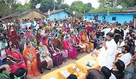 Deputy Chief Minister Mallu Bhatti Vikramarka addresses a gathering during an election campaign in the Bokaro Assembly constituency of Jharkhand on Sunday