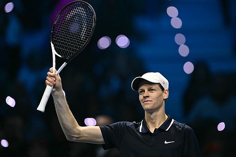 Italy's Jannik Sinner celebrates after victory against Norway's Casper Ruud during their semi-final match at the ATP Finals tennis tournament in Turin on November 16, 2024.