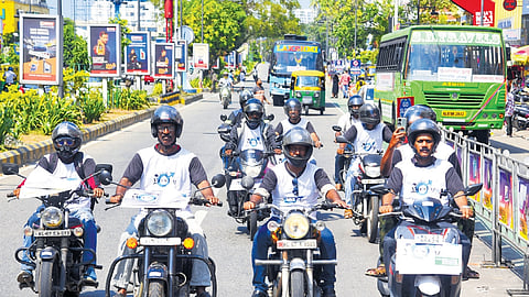 A bike rally, championing the cause of men’s rights, arriving at Vanchi Square near High Court on Sunday 