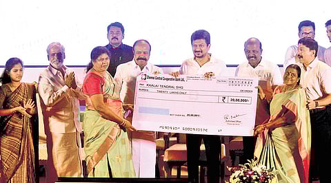 Deputy CM Udhayanidhi Stalin distributed loans to beneficiaries at an event held at Kalaivanar Arangam in Chennai on Monday 