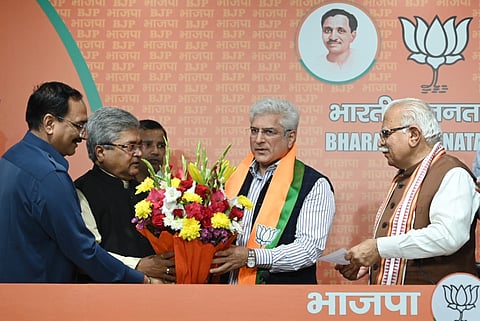 Former Delhi Minister and AAP leader Kailash Gahlot joins BJP, in the presence of Union Minister Manohar Lal Khattar and other BJP leaders in New Delhi on Monday.