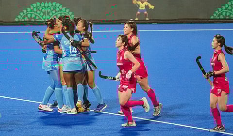 Indian players celebrate after scoring a goal during the Women's Asian Champions Trophy 2024 semifinal hockey match between India and Japan, at Rajgir, Bihar,
