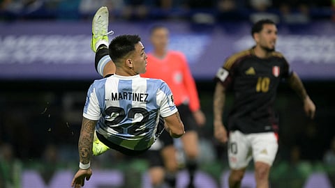 Argentina's forward #22 Lautaro Martinez shoots to score during the 2026 FIFA World Cup South American qualifiers football match between Argentina and Peru at the La Bombonera stadium in Buenos Aires on November 19, 2024. [Image used for representation purposes]