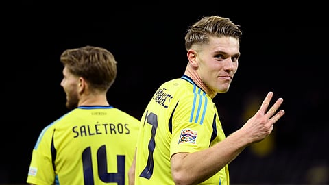 Sweden's Viktor Gyoekeres, front, celebrates after scoring his side's fifth goal during the Nations League, Group C1, soccer match between Sweden and Azerbaijan in Solna, near Stockholm, Sweden, Tuesday, Nov. 19, 2024.