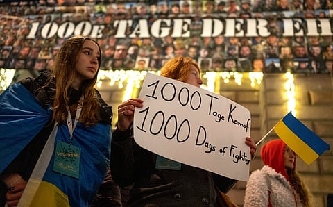 People gather to show solidarity with Ukraine, marking 1000 days of the start of the war in Ukraine, in Vienna, Austria on November 19, 2024. 