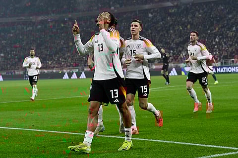 Germany's Felix Nmecha celebrates after scoring his side's first goal during the Nations League soccer match between Hungary and Germany at the Puskas Arena stadium in Budapest, Tuesday, Nov. 18, 2024. 