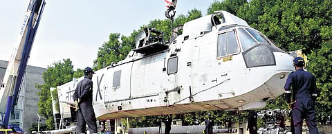 Decommissioned Indian Navy UH-3H helicopter at RK Beach Road in Visakhapatnam on Wednesday I G Satyanarayana