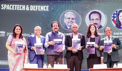 Priyank Kharge unveiled the Draft Space Policy alongside Dr. Ekroop Caur, Principal Secretary, Department of E, IT, Bt, and S&T, GoK and Dr. S. Somanath, Chairman of ISRO, at Bengaluru Tech Summit 2024.