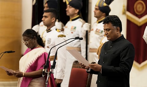 President Droupadi Murmu administers oath to the Comptroller and Auditor General (CAG) of India K Sanjay Murthy, at the Rashtrapati Bhavan, in New Delhi, Thursday, Nov. 21, 2024. 