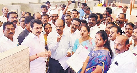 Minister for Electricity V Senthil Balaji inspecting the construction work of Kamarajar market in Karur on Thursday 