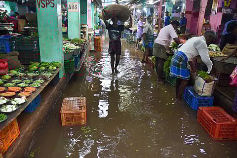 Water stagnates in Kamarajar vegetable market in Thoothukudi.
