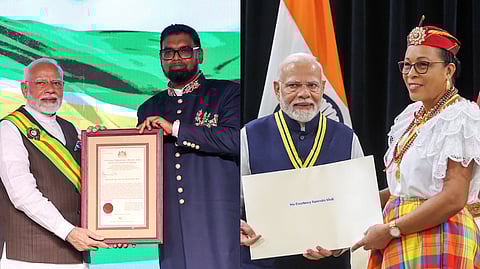 (L) PM Narendra Modi being conferred with the highest national award of Guyana, 'The Order of Excellence' by Guyanese President Mohamed Irfaan Ali; (R) Dominica's President confers PM Modi with the highest national award -- 'Dominica Award of Honour.'
